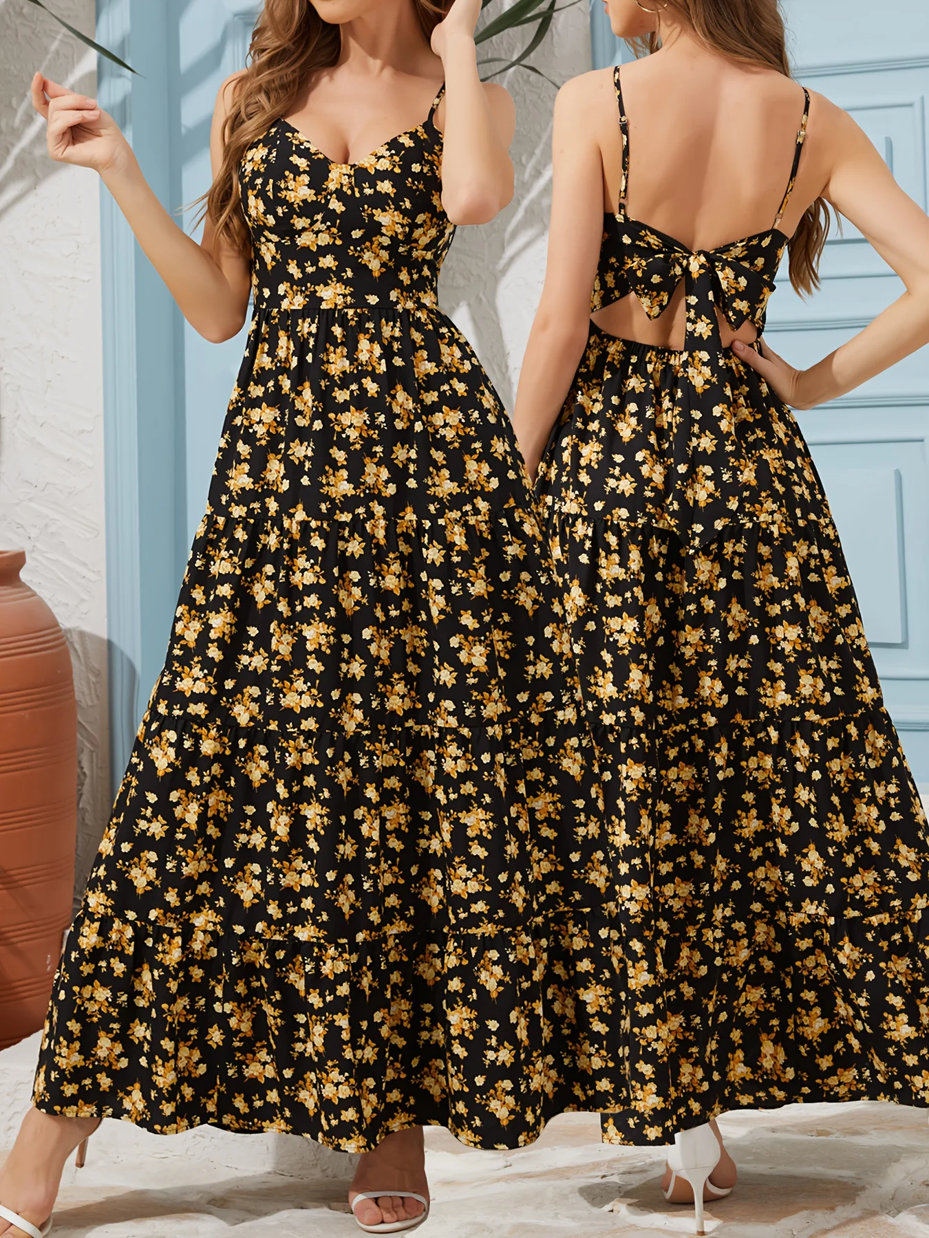 Damenkleid mit V-Ausschnitt und Blumenmuster – ein sexy, rückenfreies, fließendes, langes Partykleid mit Schleifendetail. – Detail 6
