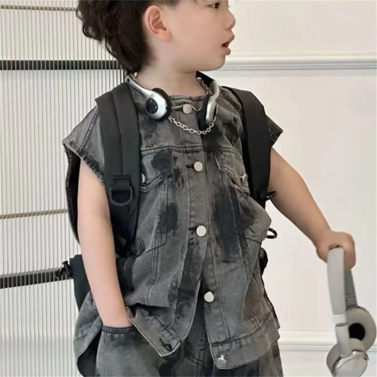 

2026 Boys Summer Set Fashionable New Style Denim Top+Shorts Two-Piece Set Trendy Children's Clothing