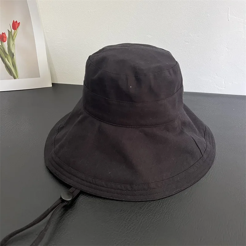 Dongdaemun Style Large Wide Brim Linen Bucket Hat Foldable UV Protection Summer Beach Sun Cap Adjustable Wind Rope for Women