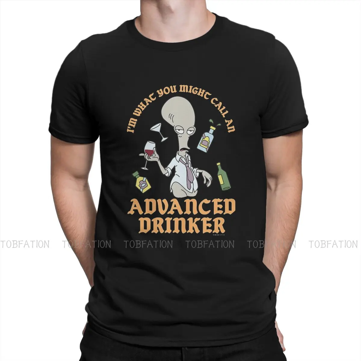 The Americans Roger Alien Cartoon Advanced Drinker Tshirt Black for Men Loose T Shirt Harajuku Men\'s Tops Short Sleeve