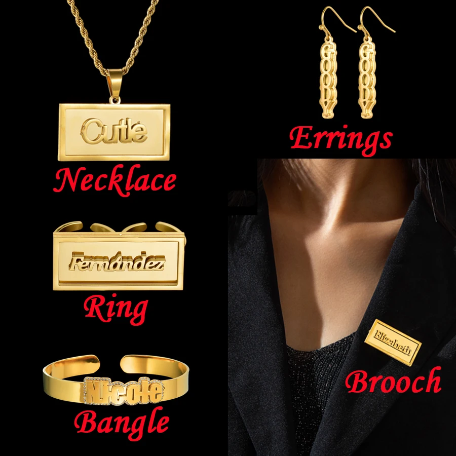 

Acheerup Personalized Name 2 Layers Welding Necklace Ring for Women Men Stainless Steel Zircon Bangle Earrings Jewelry Set Gift