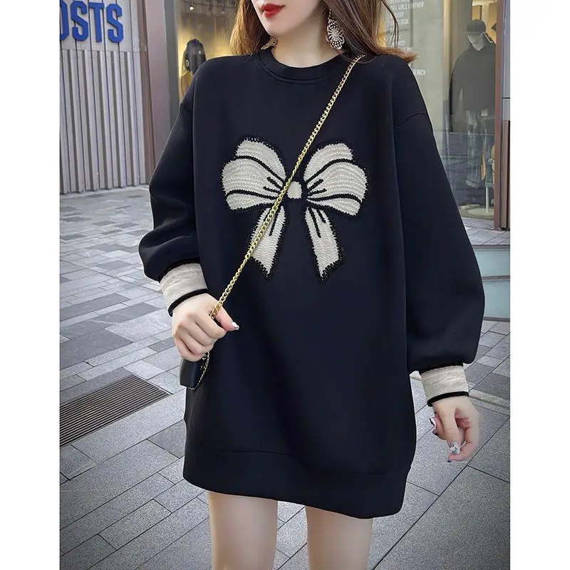 Femme Embroidered Sweatshirts 2023 Fashion Loose Long Sleeve Pullovers New Solid Color Oversized Women\'s Clothing O-neck Dresses