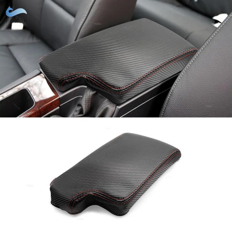 Car Inner Center Console Armrest Box Cover For BMW 3 Series E90 2005-2012 Black Carbon Fiber Texture Leather with Red Line