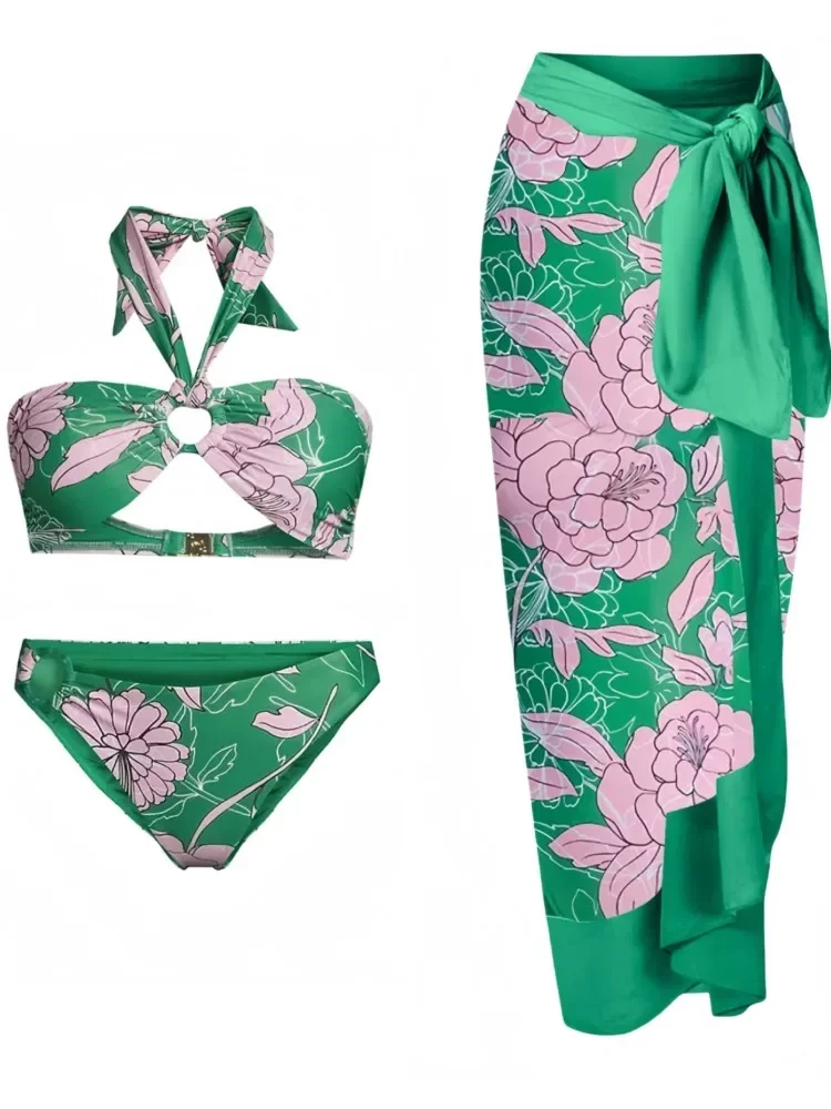 Retro-Bikini, bedruckt, modisch, Bikini-Set, Badeanzug und Vertuschung mit Rock, eng, Damen-Verband, Sommer, Strand, luxuriös, elegant