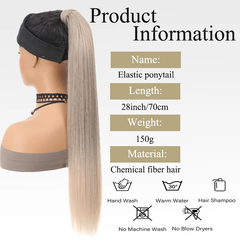 Synthetic 28 inch Long Straight Hair With Elastic Rubber Band Headband and Ponytail Accessory Suitable for Women's Daily Wear ﻿