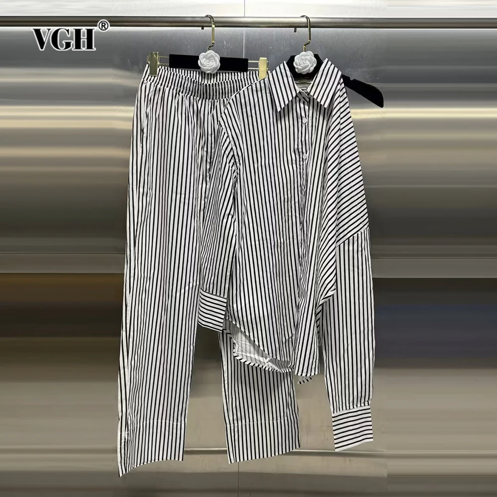 VGH Striped Two Piece Sets For Women Lapel Long Sleeve Hollow Out Tops High Waist Wide Leg Pants Minimalist Loose Set Female New