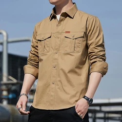 100% Cotton New Cargo Shirt for Men Long Sleeve 2 Pocket Shirts Outdoor Casual Blouses High Quality Clothing Overshirt