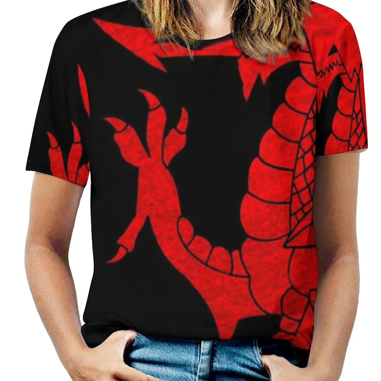 Cymru Dragon Red Halftone Woman'S T-Shirt Spring And Summer Printed T Shirts Crew Neck Pullover Top Dragon Wales Welsh Cymru