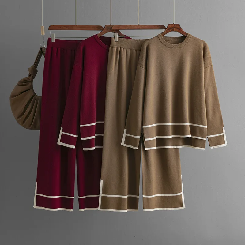 

Sweater Suit Women Knitting 2 Piece Sets Pullover Top Knitted Wide Leg Pants Outfits Muslim 2025 Autumn Winter Knitwear Ensemble