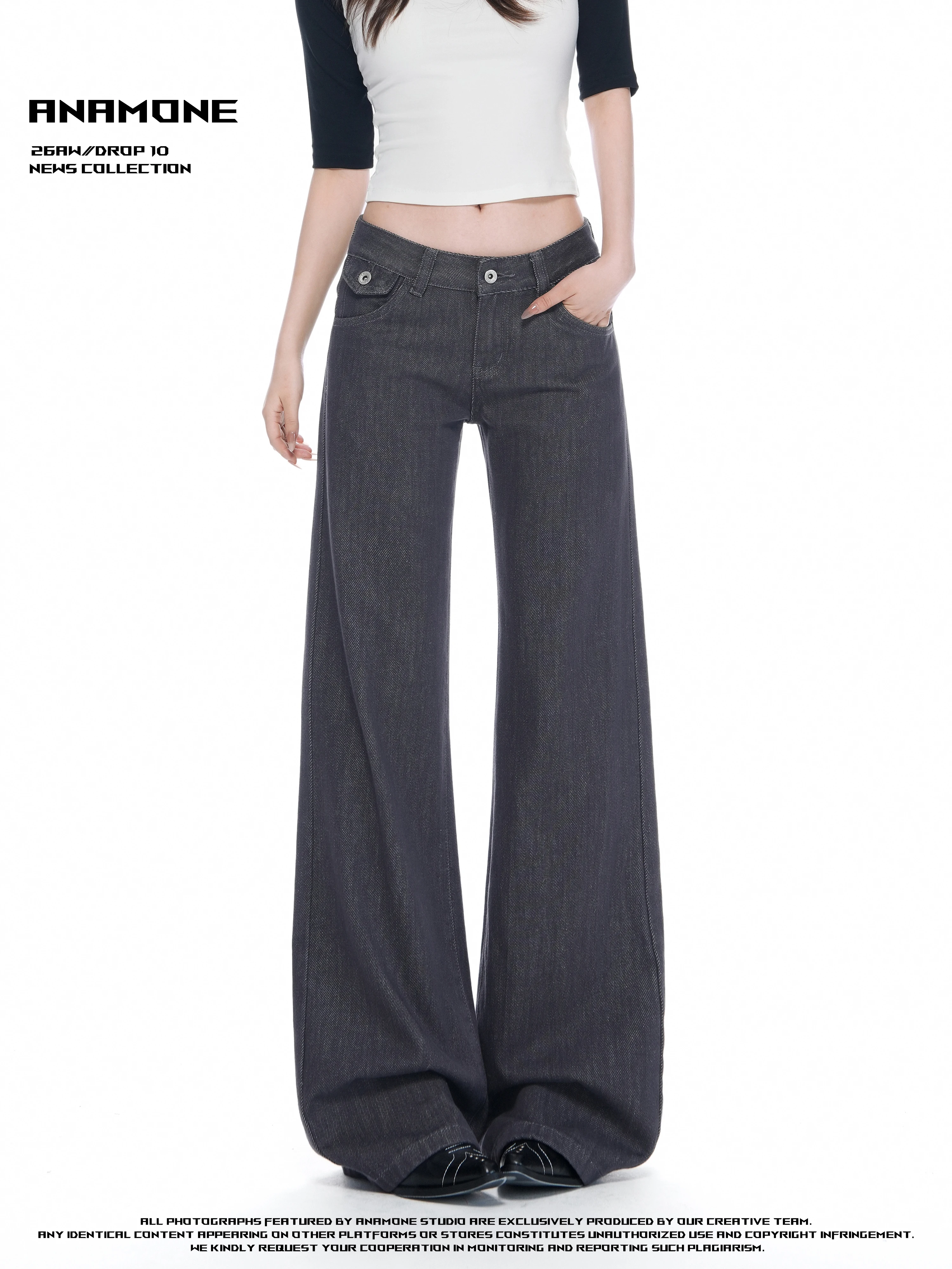 ANAMONE Mid-Low Waist Straight Leg Jeans Women's Autumn Narrow Version Wide Leg Pants Polar Grey Casual Loose Fit Denim