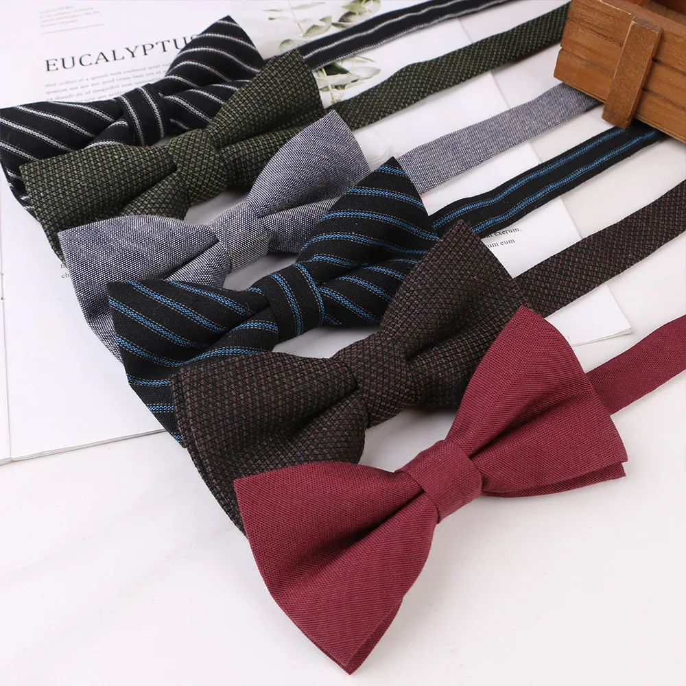 Fashion Men's Business Bow Tie Plaid Stripe Cotton Fabric Ties Formal Dress Dark Color Small Square Collar Accessories