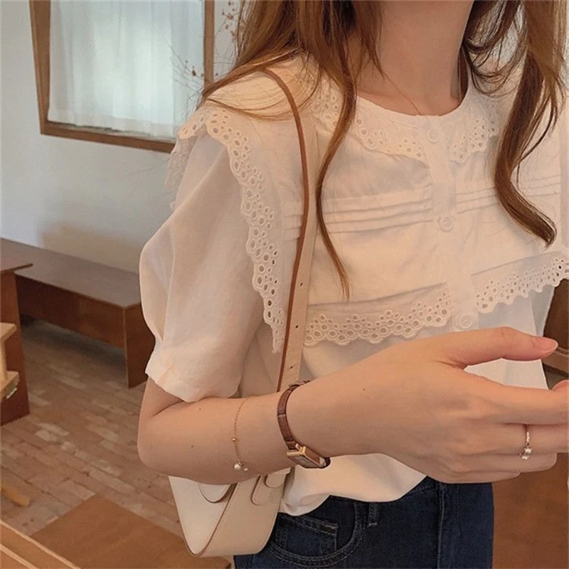 Women\'s Trendy White Lace Patchwork Button Up Shirt Casual O Neck Short Sleeve Blouse Chic Loose Tops Female 2024 Summer Blusas