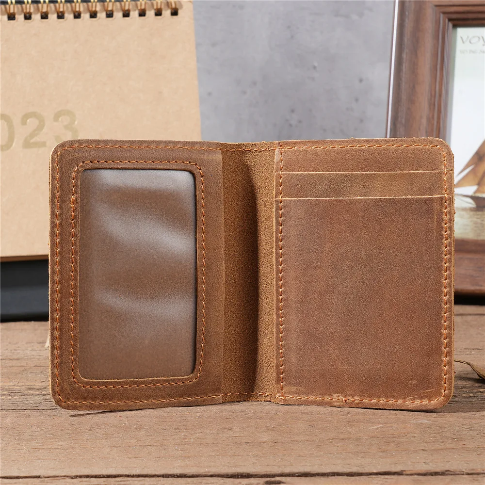 1079 Men's Leather Card Bag Wallet Crazy Horse Leather Driver's License Clip Retro Brown Brown Simple