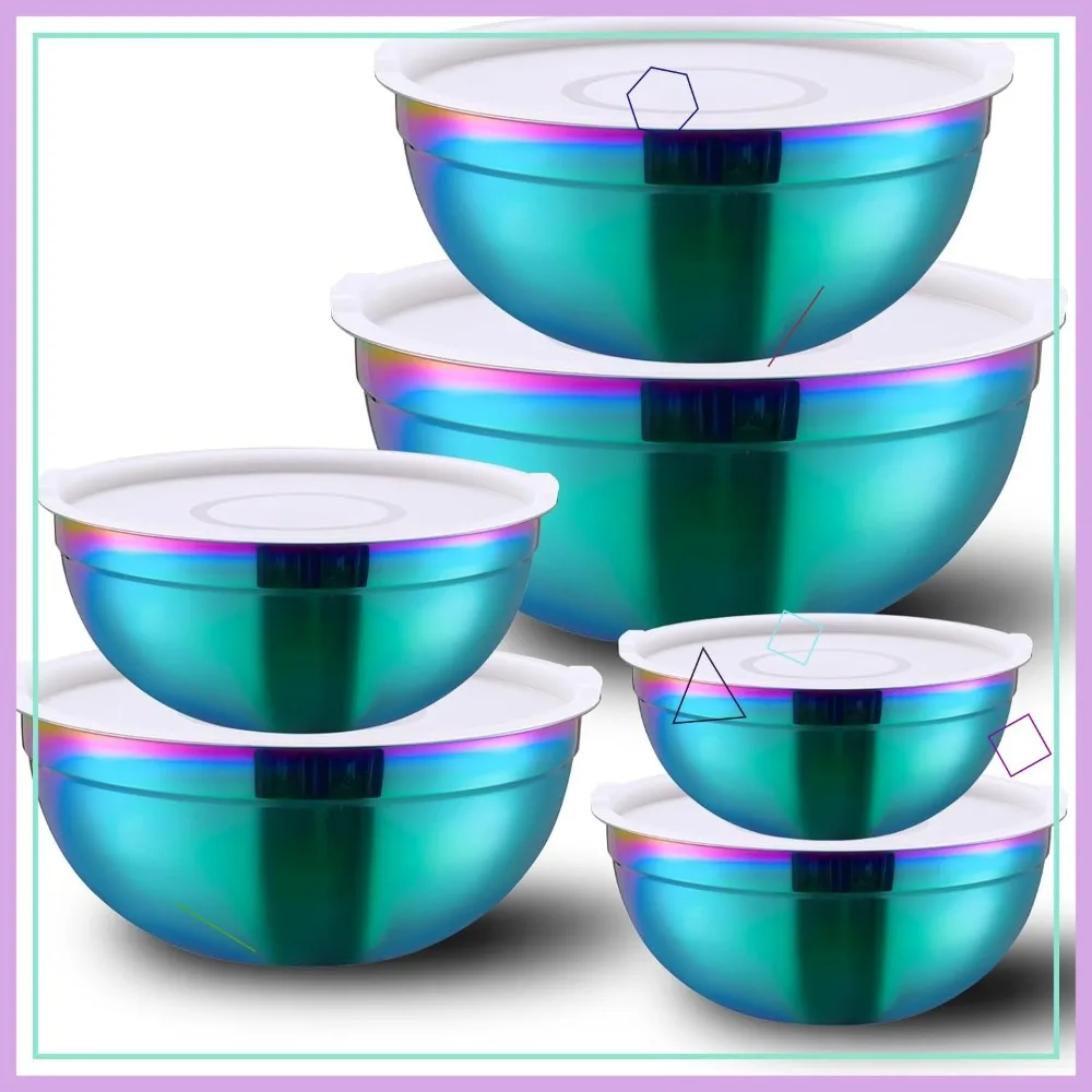 

Набор из 6 мисок для смешивания из нержавеющей стали с крышками, компактные, для экономии места, идеально подходят для выпечки и приготовления пищи