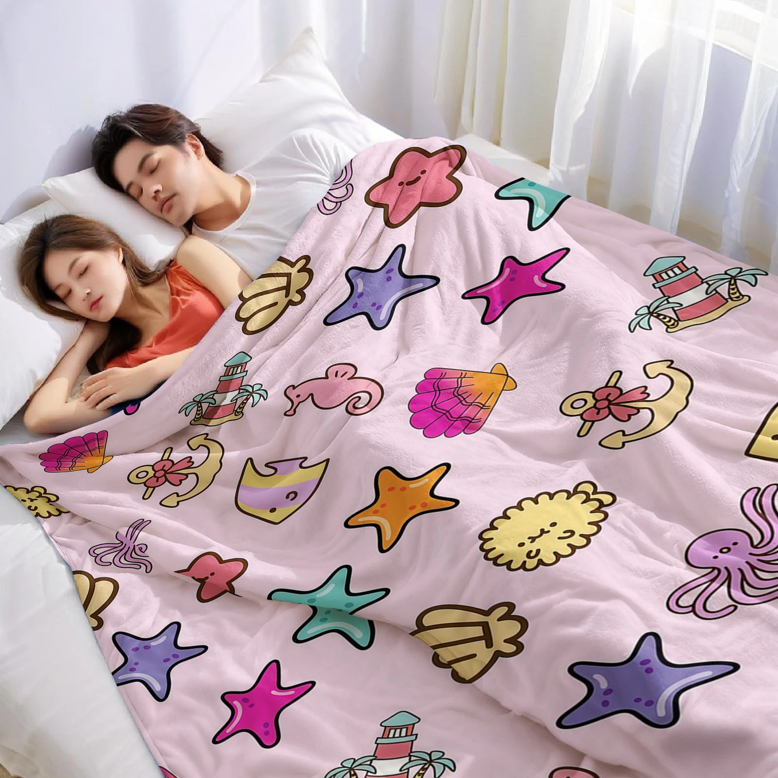 Ocean Doodle Ultra Soft Sherpa Fleece Blanket Fluffy Warm Halloween Cozy Throw for Sofa Couch Bedroom Gift All season