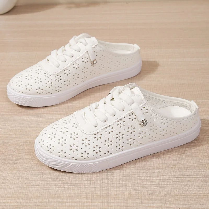 Floral Cutout Slip on Mule Trainers Elastic Quick Laces Flat White Ladies Summer Street Non Slip Casual Shoes - view 5