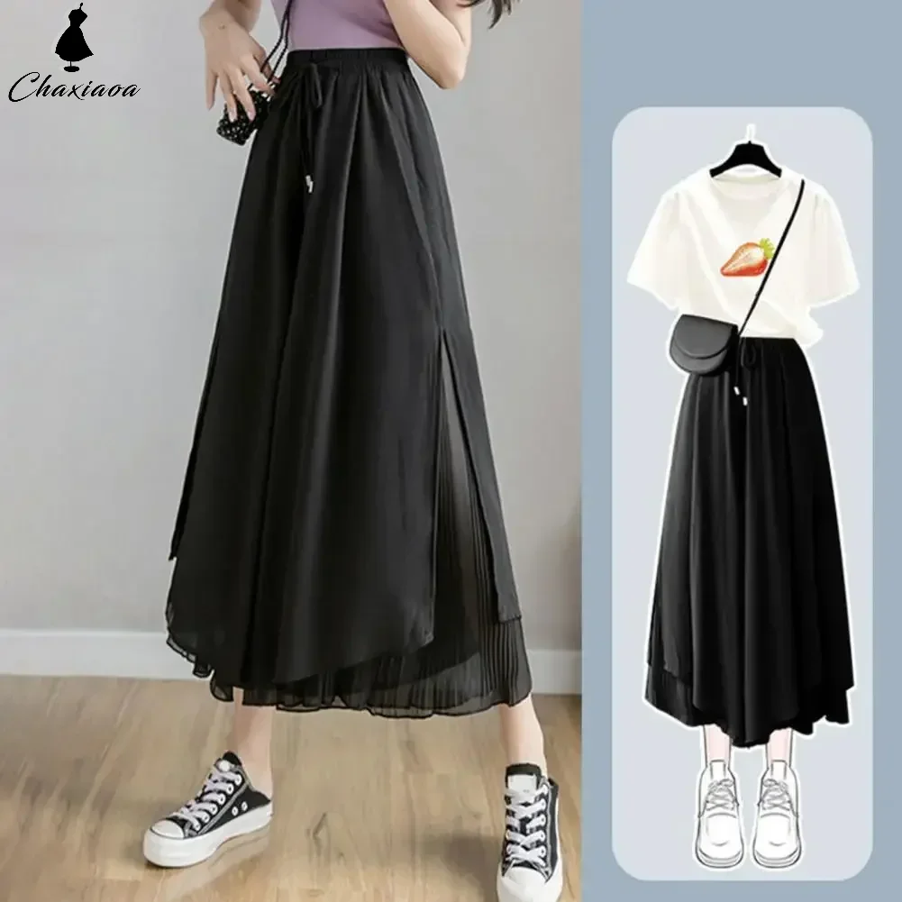 Ankle-length Pants Capris For Women Elastic Wide Leg Irregular Hem Double Layers Trousers Summer Casual Loose Pleated Pants