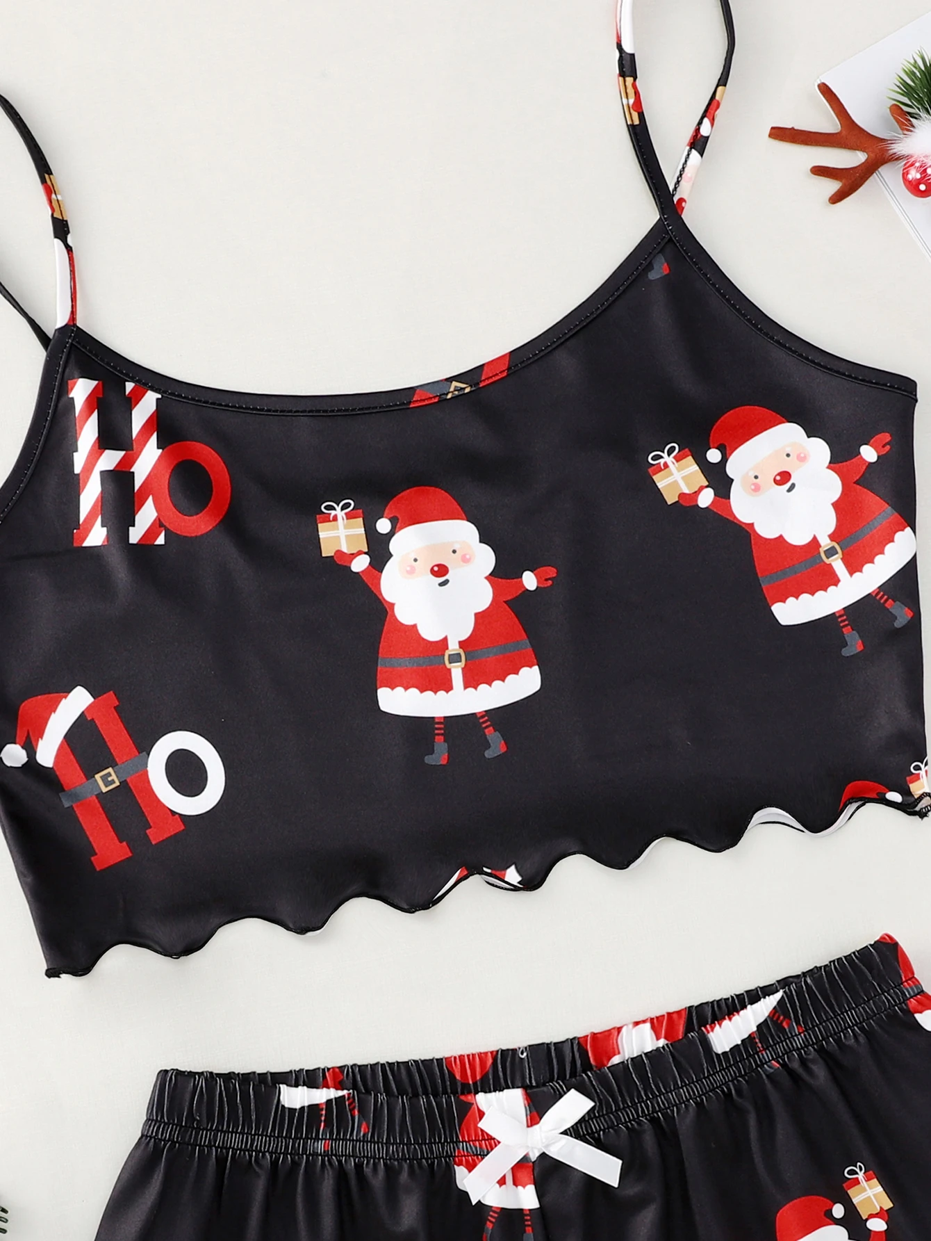 Women\'s Cute Cartoon Santa & Candy Cane Print Frill Trim Christmas Pajama Set Round Neck Backless Crop Cami Top & Shorts