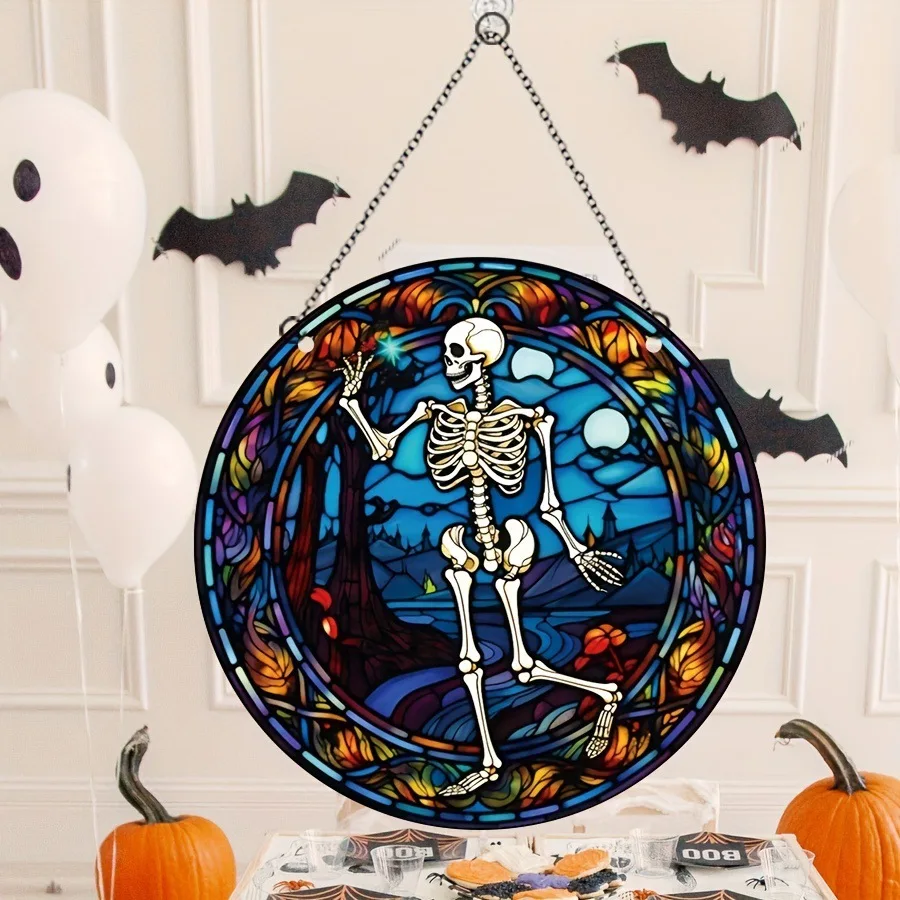 

Halloween Front Door Windows Ghost Festival Decorations Stained Glass Panels Skull Day of the Dead Hanging Ornaments