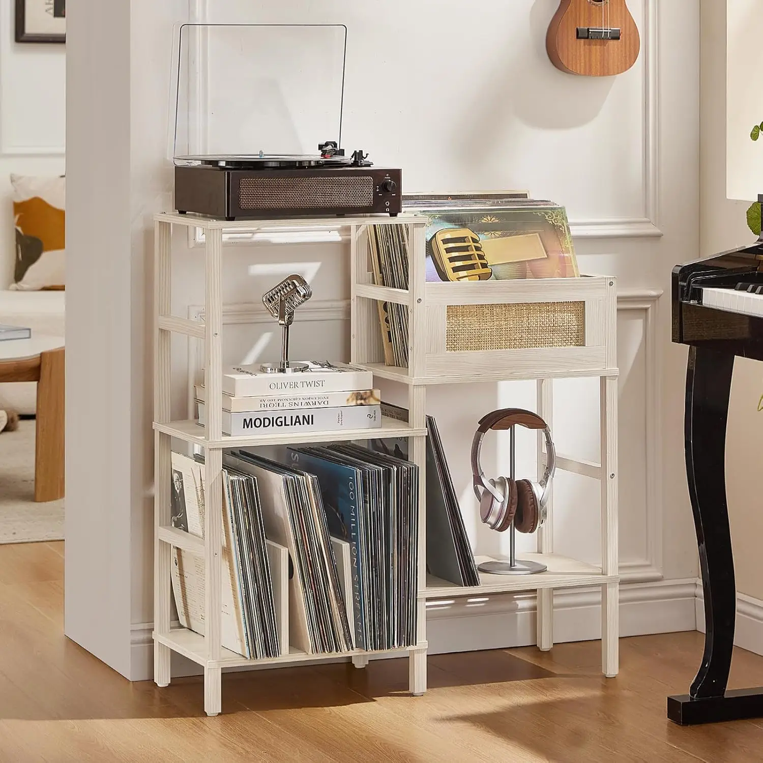 

White Cream Oak Wood Record Holder with Vinyl Storage for up to 300+ Albums, 3-Tier Rattan Media Table with Display Shelf