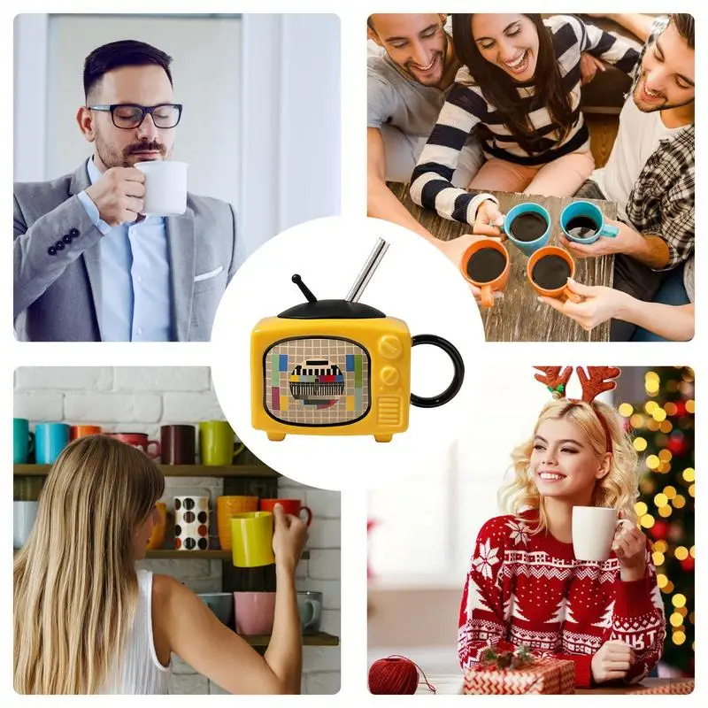 Creative Retro 3D Television Ceramic Coffee Mugs PersonalizedTV Shape Milk Beer Mugs With Lid And Straw Household Exquisite Cup