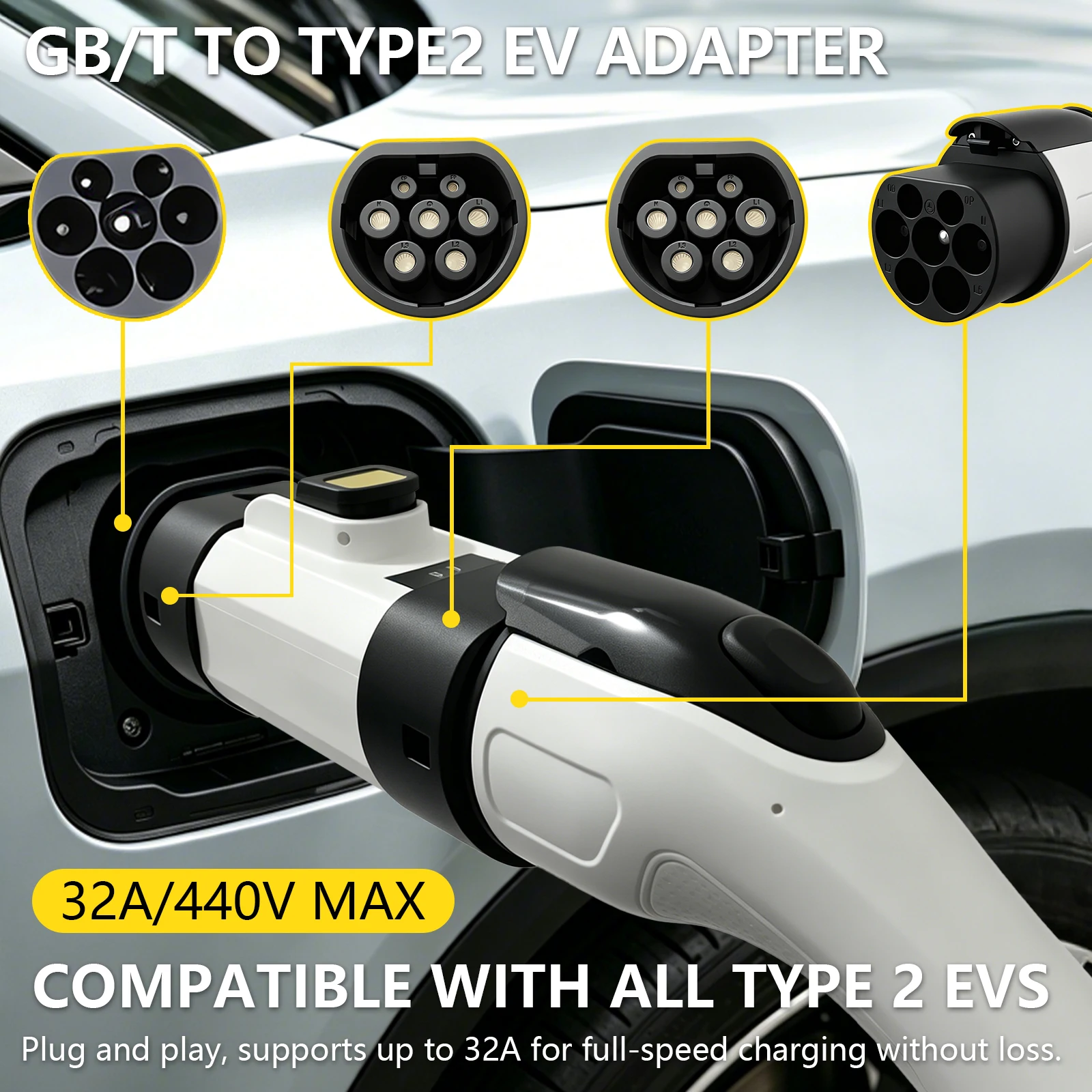 GB/T to Type2 EV Charging Adapter 32A 440V, Type 2 EV Charger Connector for Electric Car