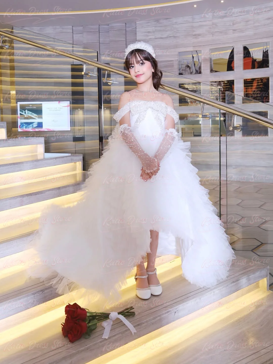 Princess White Flower Girl Dress for Wedding Tulle Puffy Pearls Puffy Kids Birthday Party First Communion Ball Gowns Customized