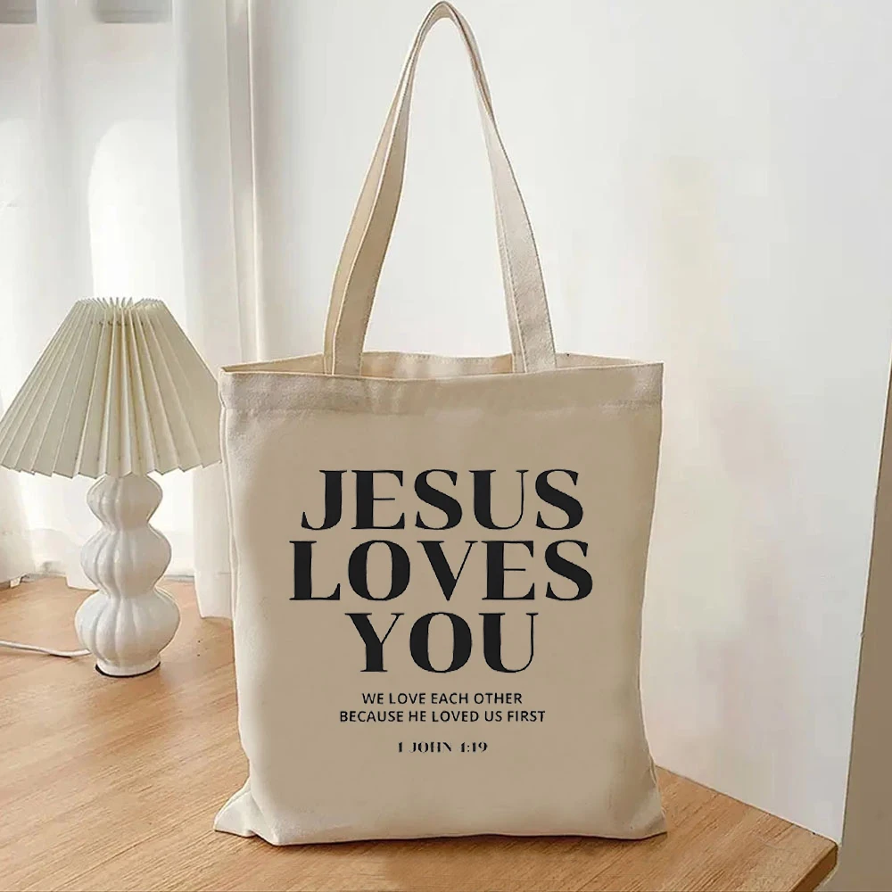 Print Designs Jesus Loves You Womens Handbags Christian Merch Bible Verse Jesus Canvas Tote Bags Reusable Grocery Large Capacity