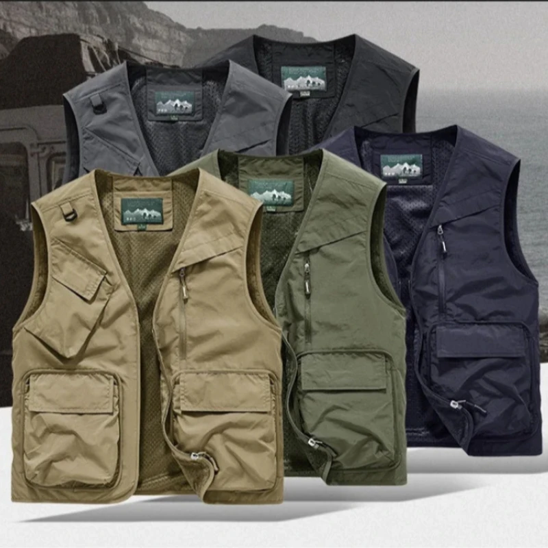 

2026 New Fashion Men's Vest Solid Multi-pocket Thin Loose Sleeveless Jacket Outdoor Clothing Fishing Vest Plus Size Waistcoat