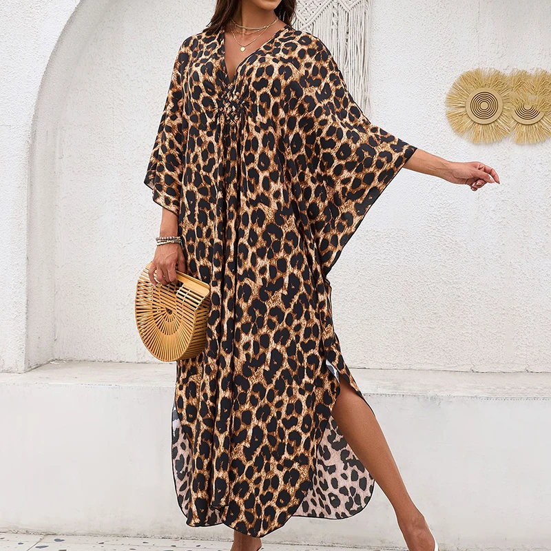 

Женские платья-кафтан размера плюс с V-образным вырезом и рукавами «летучая мышь», пляжная накидка, летнее платье-кафтан с леопардовым принтом, пляжное платье большого размера
