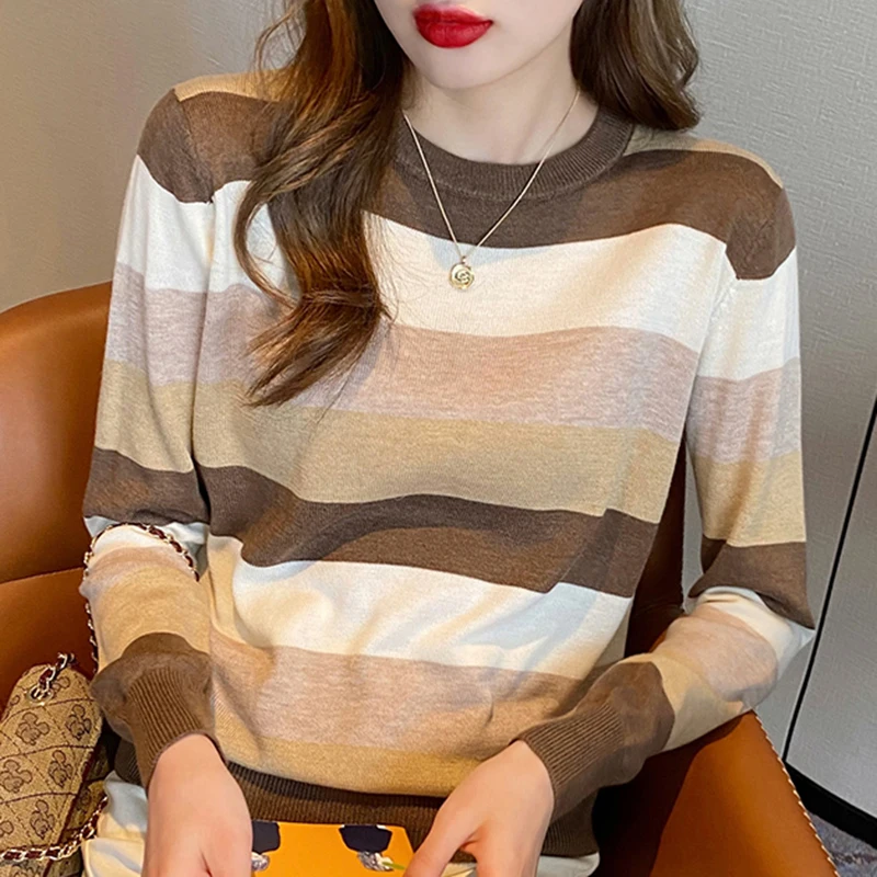 

Striped Pullover Knitted Tops Women 2025 Autumn New Loose Casual Long Sleeve O Neck Thin Sweater Female