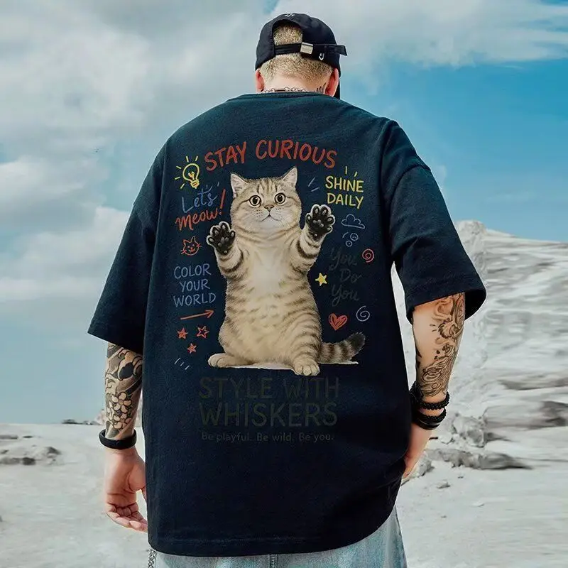 

New Fashion American Cat Print High Quality Short Sleeve Men's and Women's Casual T-Shirts Large Size Loose Crew Neck Top