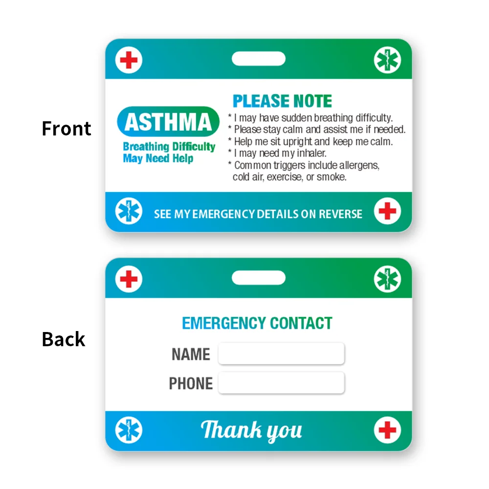 Asthma Medical Alert ID Card with Lanyard | Breathing Difficulty Emergency Information Card | Inhaler Assistance Notice Badge |