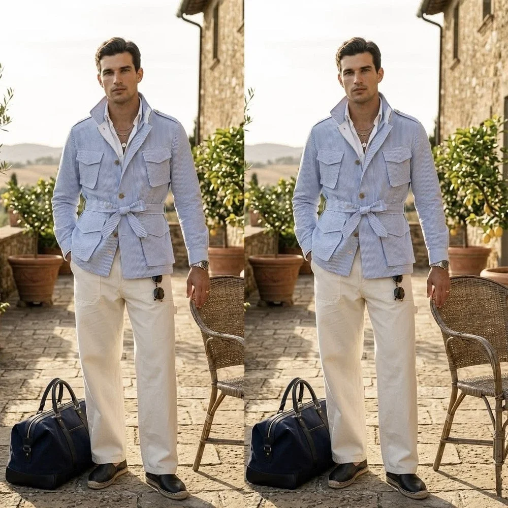 Men Seersucker Safari Jacket Belted Sky Blue Stand Collar Casual Hunting Coat For Wedding Outdoor Vacation Customized 2026