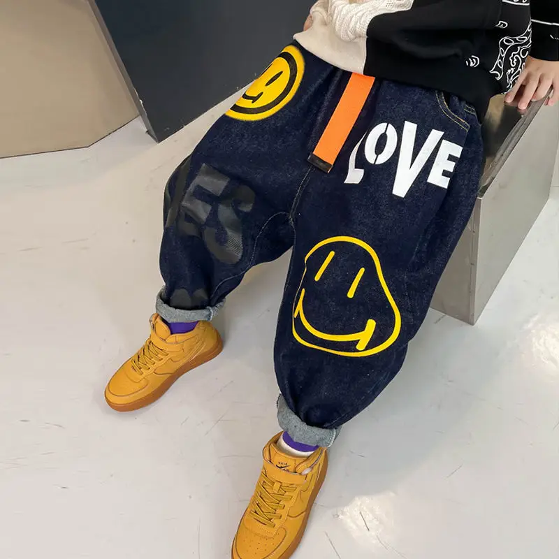 Baby Pants Spring Autumn Children's Fasshion Clothing Boys Hip Hop Letter Print Jeans 2023 New Children And Teens Trend Pants