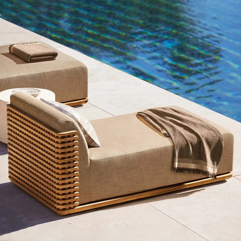 

Teak Wood Beach Lounger Chaise Garden Lounge Daybed Outdoor Furniture Waterproof Fabric Sun Lounger