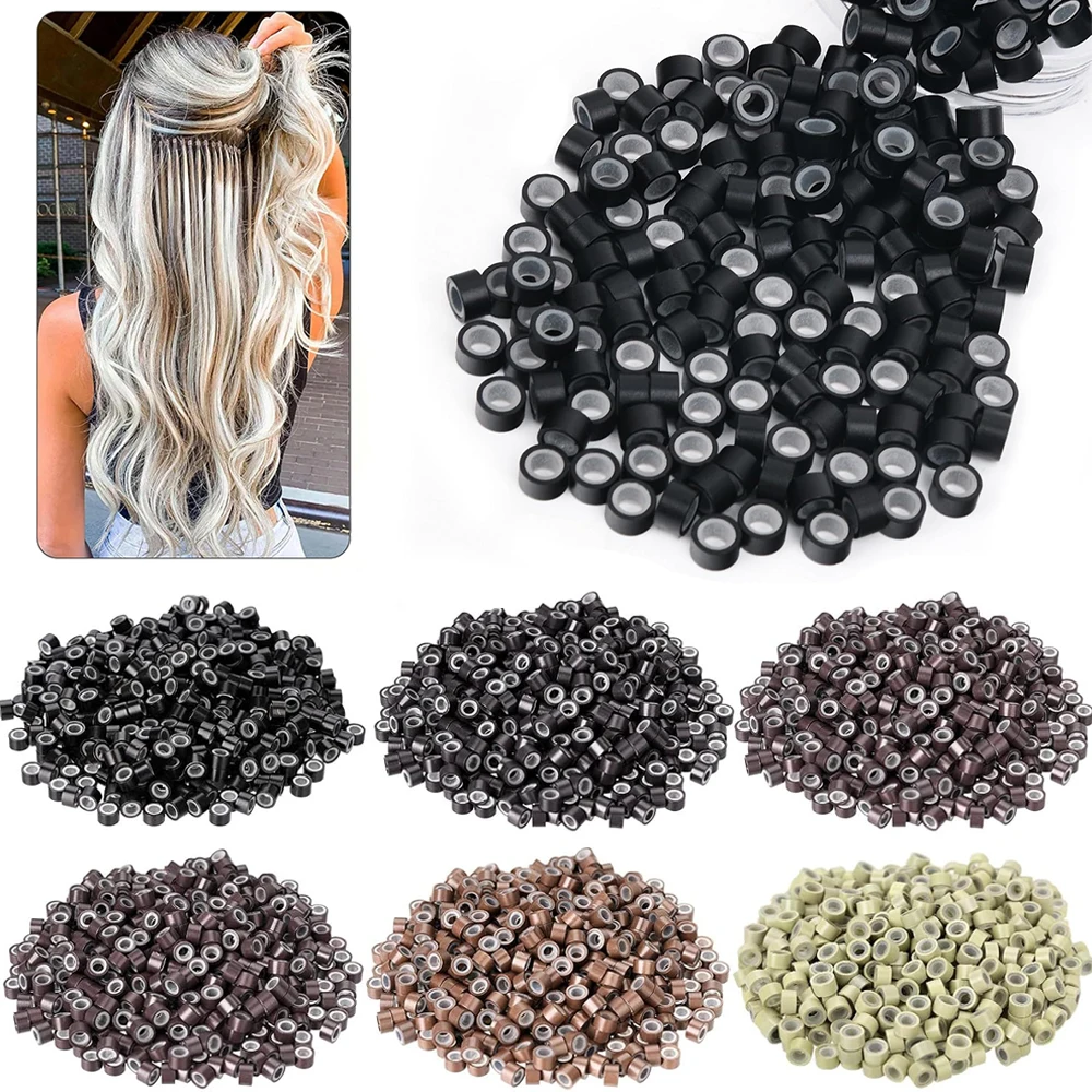 

200/500Pcs Hair Extentions Micro Rings Links Beads 5mm Silicone Lined Beads for Human Hair Extensions Tool-Multi-colored