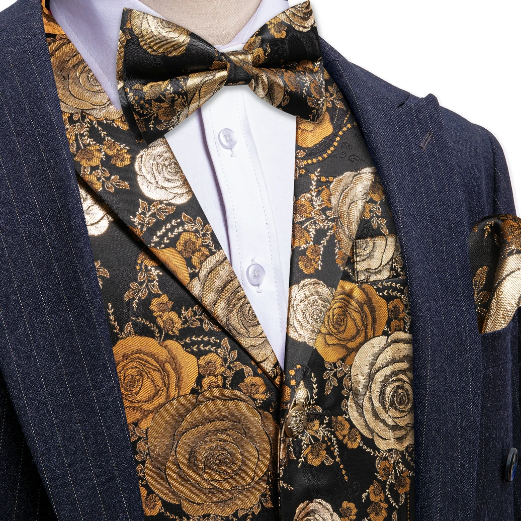 VERVEROW Luxuriöse Herren-Weste mit Jacquard-Blumenmuster, gekerbtem Reverskragen, Weste mit Fliege, Set für formelle Hochzeiten, Partys, Smoking – Detail 7