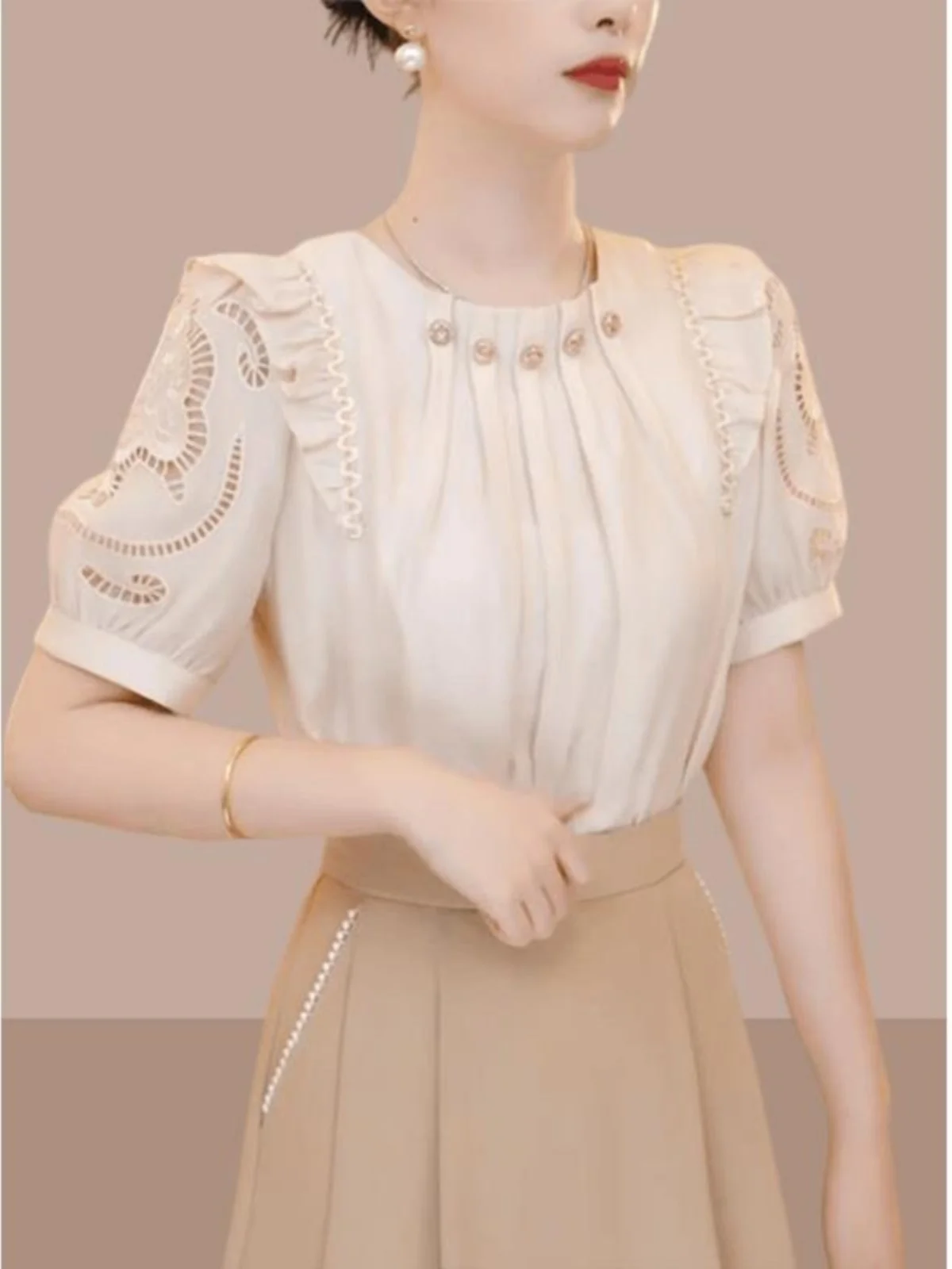 

Elegant Gentle Short Sleeve Women's Shirt Beautiful Design Summer New Style Soft Texture Fashionable Top Quality Casual Wear