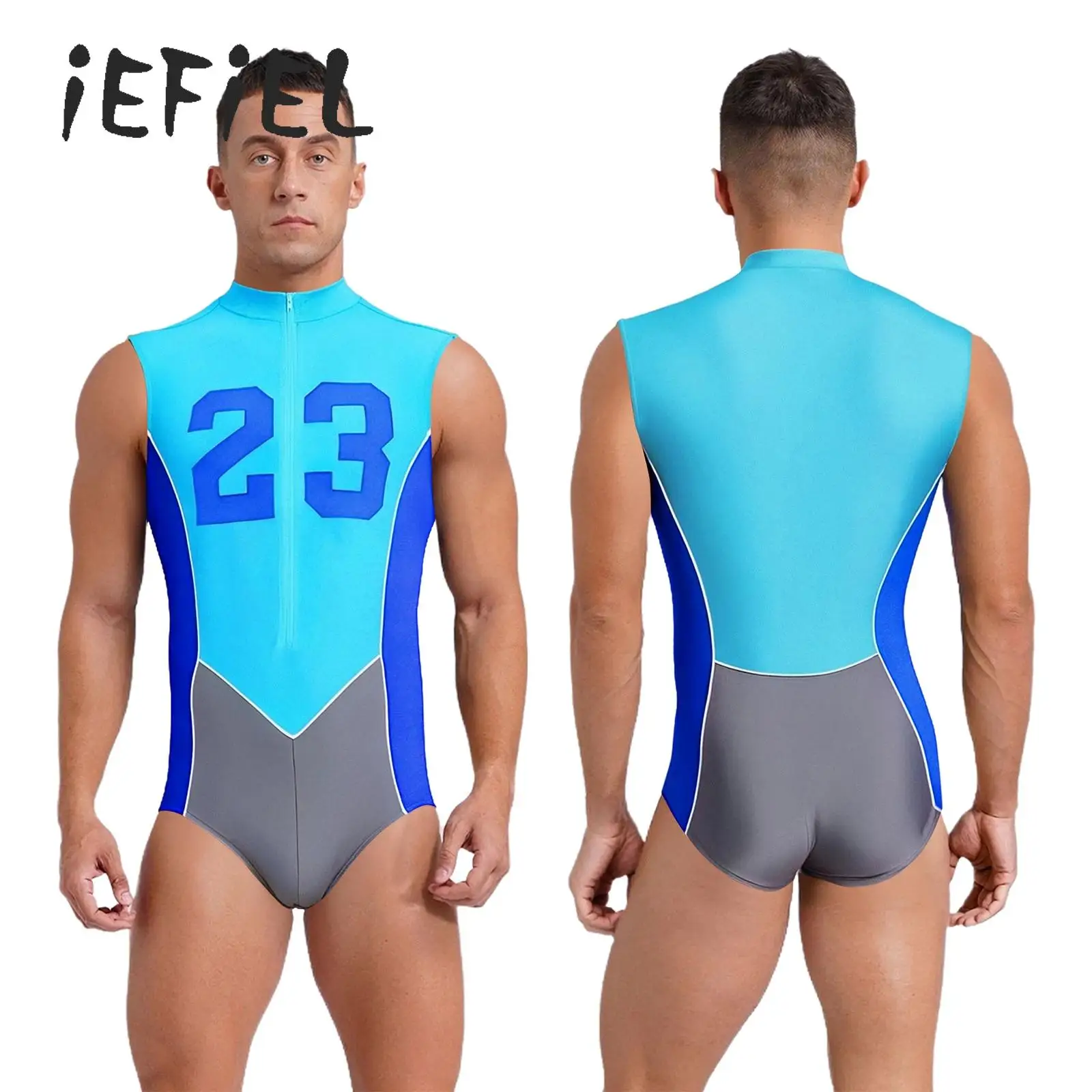 

Color Block Mens One Piece Swimsuit Swimwear Sleeveless Number Printed Sports Bodysuit Leotard for Running Swimming Competition