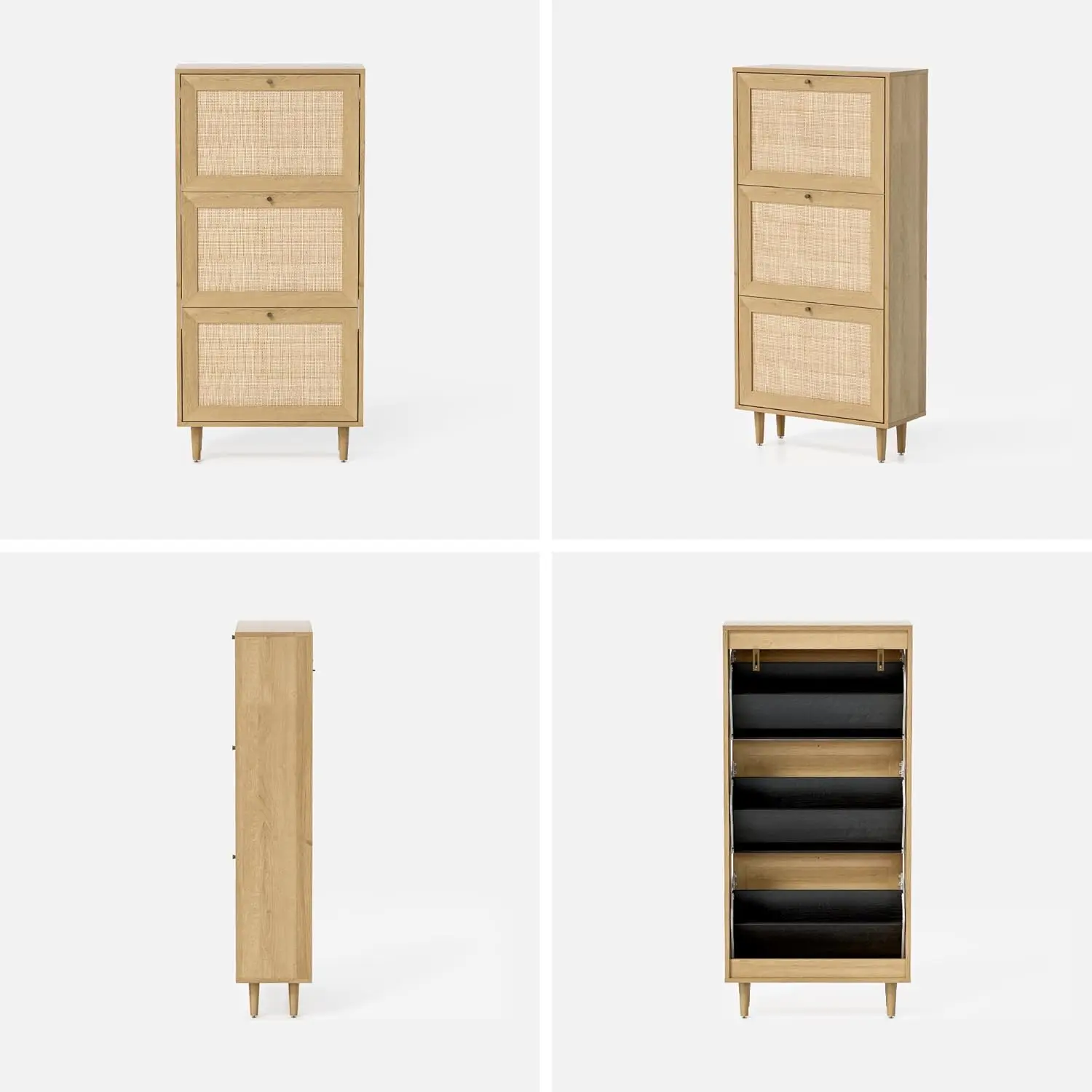 狭い靴キャビネット 3 つのフリップ引き出し付き 隠し自立靴ラック 天然籐のドア付き 木製靴収納キャビネット