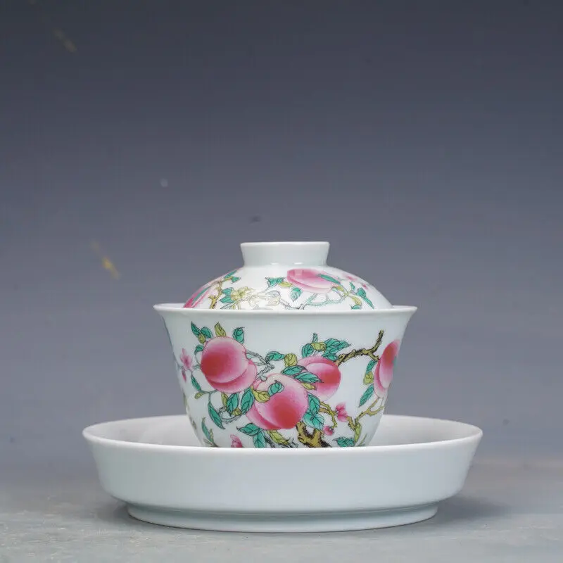 5.3" Collection Chinese Famille Rose Porcelain Longevity Peach Tree Lid Bowl