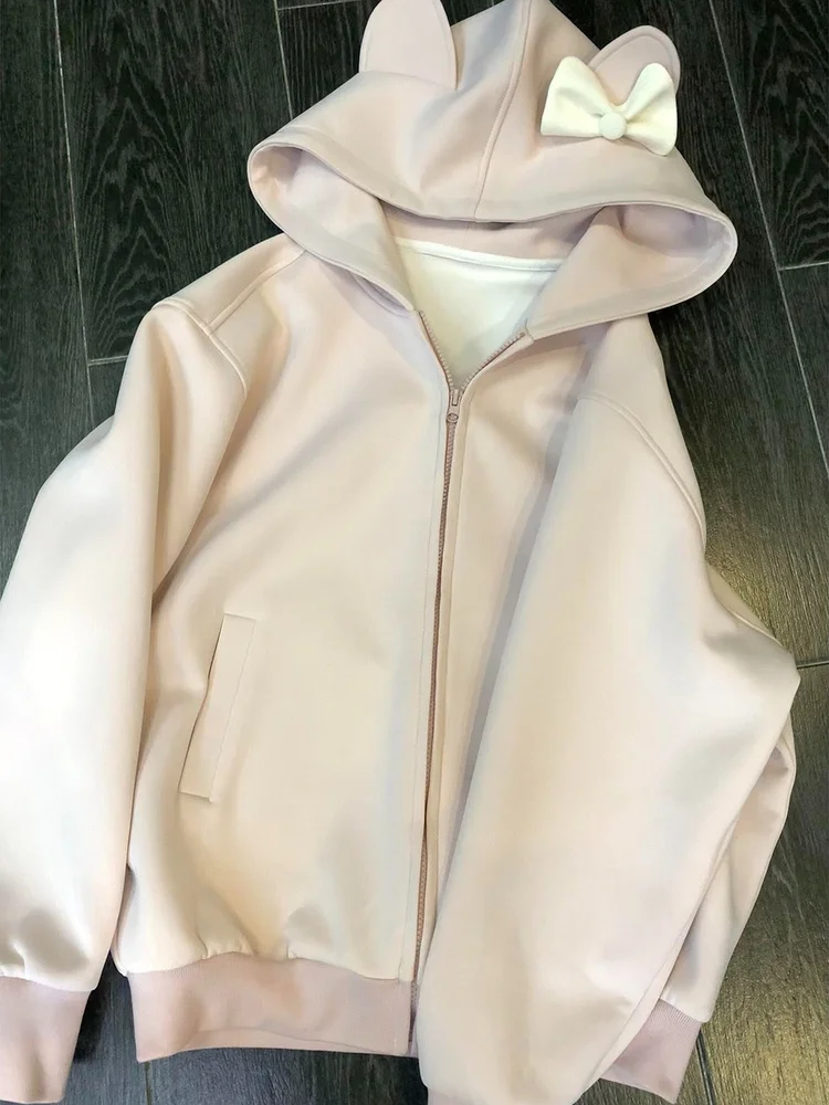 

Уютная толстовка Sweet Girl Knot Heavyweight для женщин, свободный крой, универсальный дизайн, кардиган для пар, осенняя верхняя одежда из хлопка, длинный рукав