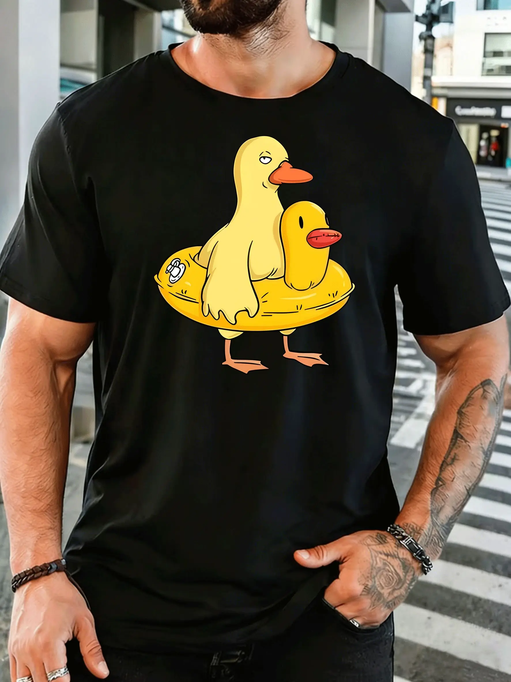 Cartoon Funny Yellow Ducks With Swim Ring Mens Front Print T Shirt Cute Duck Graphic Tee Casual Short Sleeve Summer Lover Gift