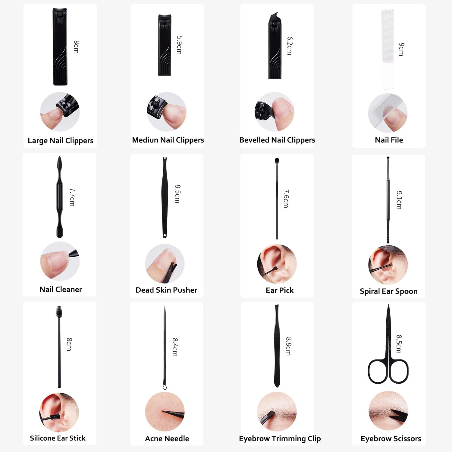 Kit de toilettage professionnel portable haut de gamme luxueux en acier inoxydable noir pour hommes et femmes en déplacement-ensemble complet de 12 pièces f