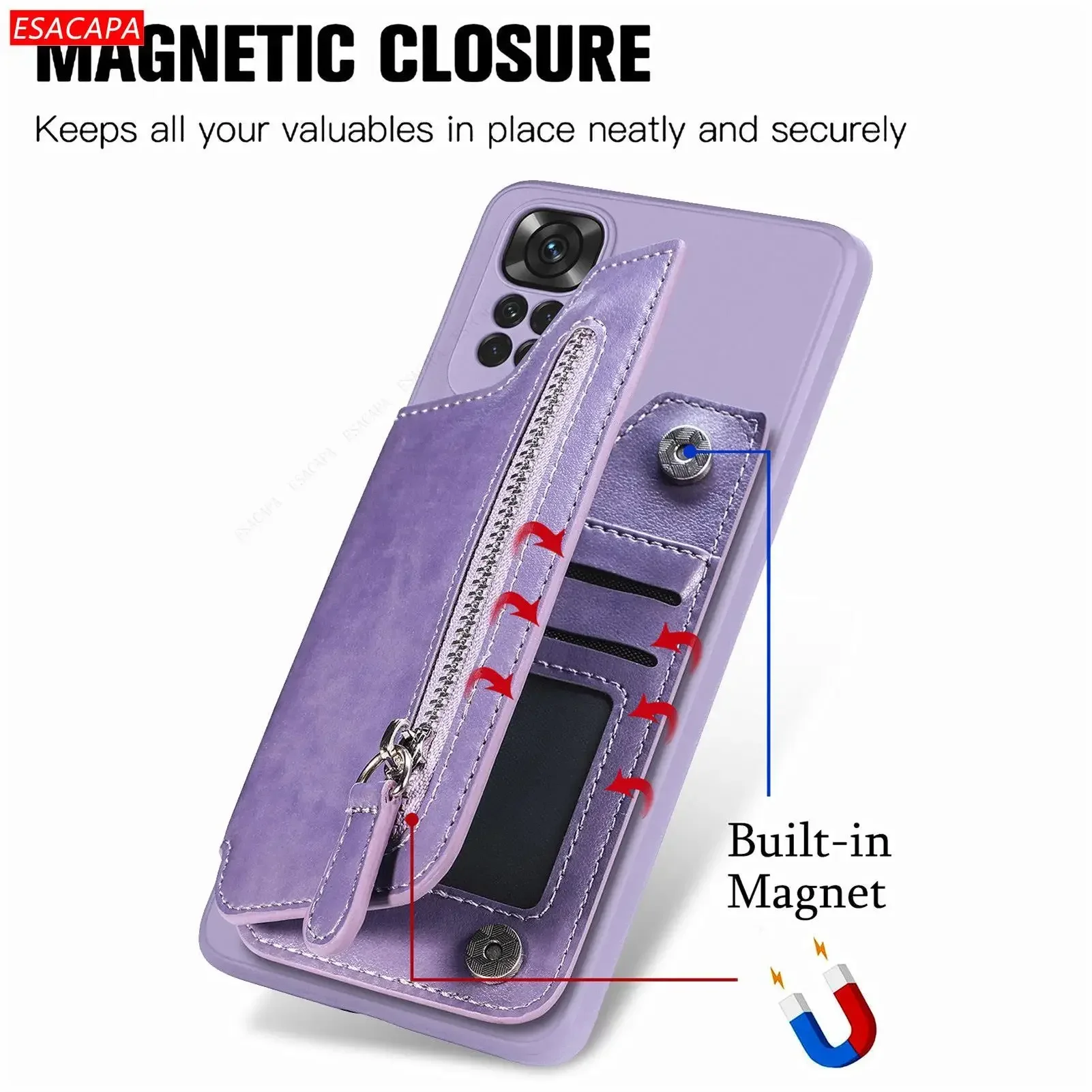 Skórzane etui na telefon z zamkiem błyskawicznym do Xiaomi Redmi Note 11 Note 11S note 10 Pro max Note 9S 9 8 7 6 Pro Card Holder Cover