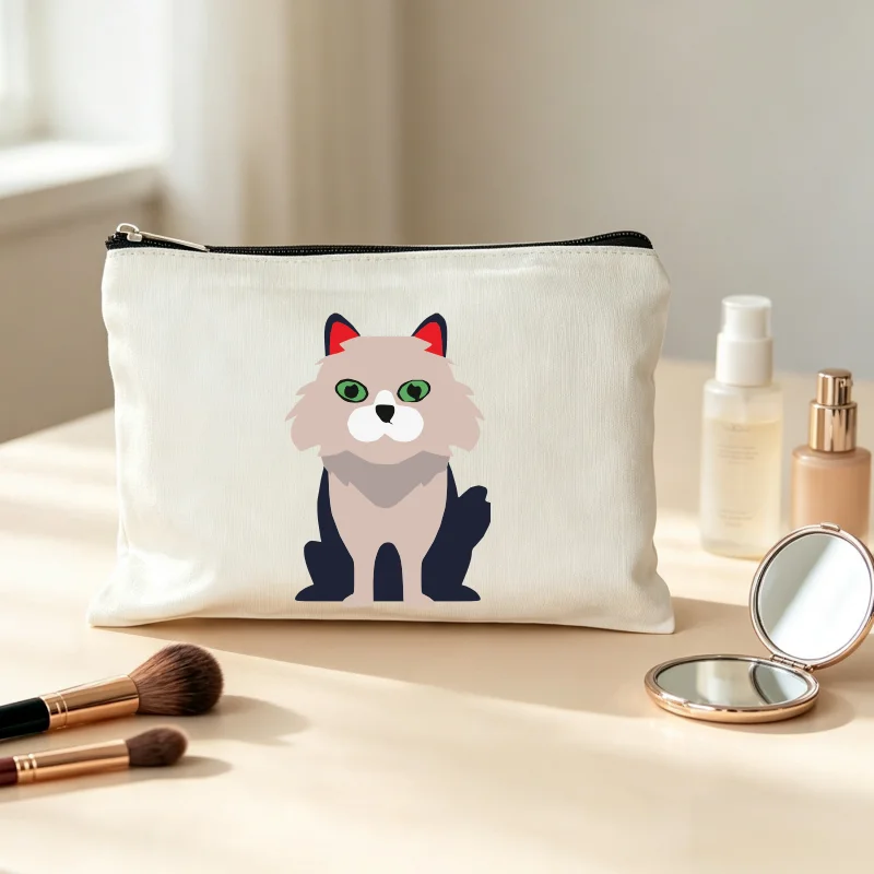Fluffy Cat Canvas Makeup Bag Cartoon Kitten Zipper Cosmetic Pouch Portable Travel Toiletry Organizer Storage Purse for Women