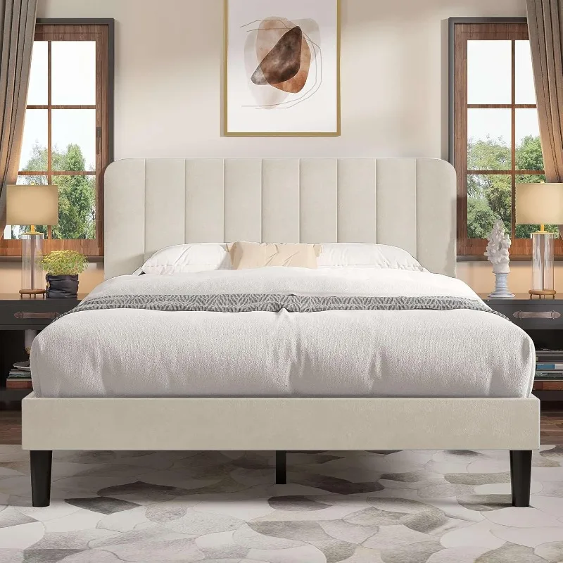 

Queen Size Bed Frame with Upholstered Headboard, Velvet Platform Bedframe Mattress Foundation, Strong Wood Slat Support,