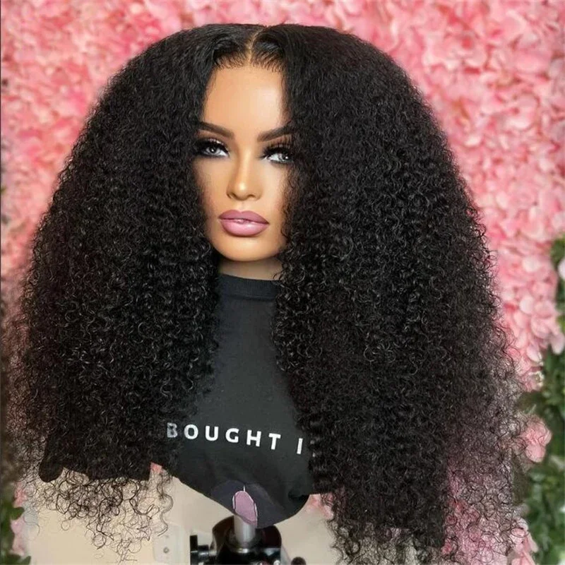 Natural Black Kinky Curly 26Inch 180Density Long Soft Lace Front Wig For Women BabyHair Heat Resistant Preplucked Daily Glueless