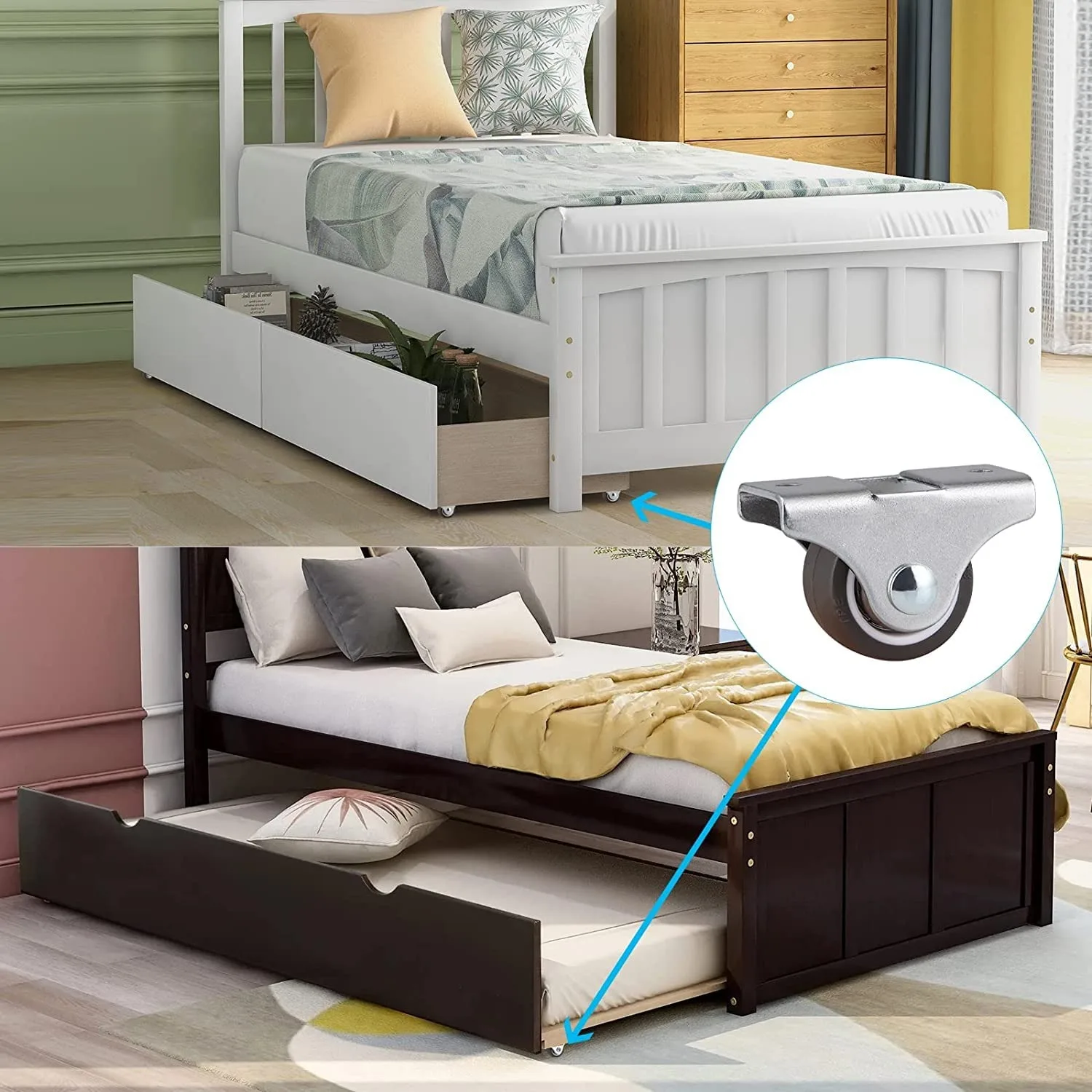 1 Inch Mini Fixed Casters, Rubber Wheels with Bearings, 130LBS Capacity, Quiet Smooth Motion, Heavy-Duty Steel Frame